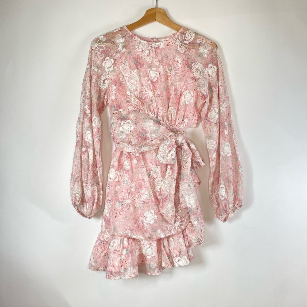 Storia Embroidered Floral Coquette Fairy Ruffled Dress S Dainty Puff Sleeve Pink